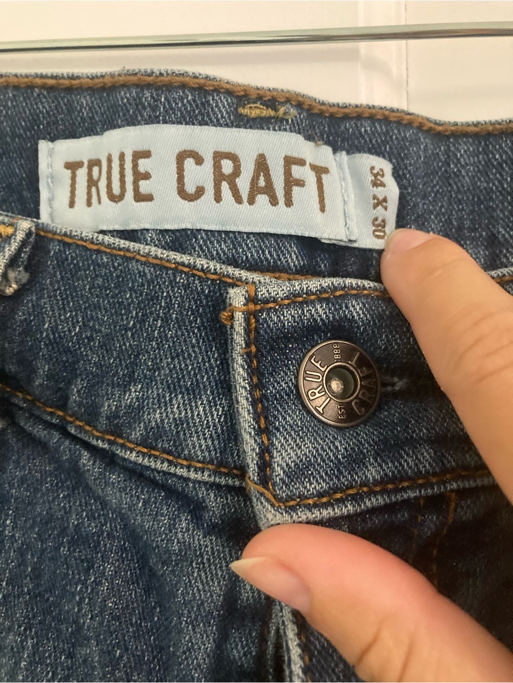 True Craft Denim Jeans in Medium Blue with Brown Stitching